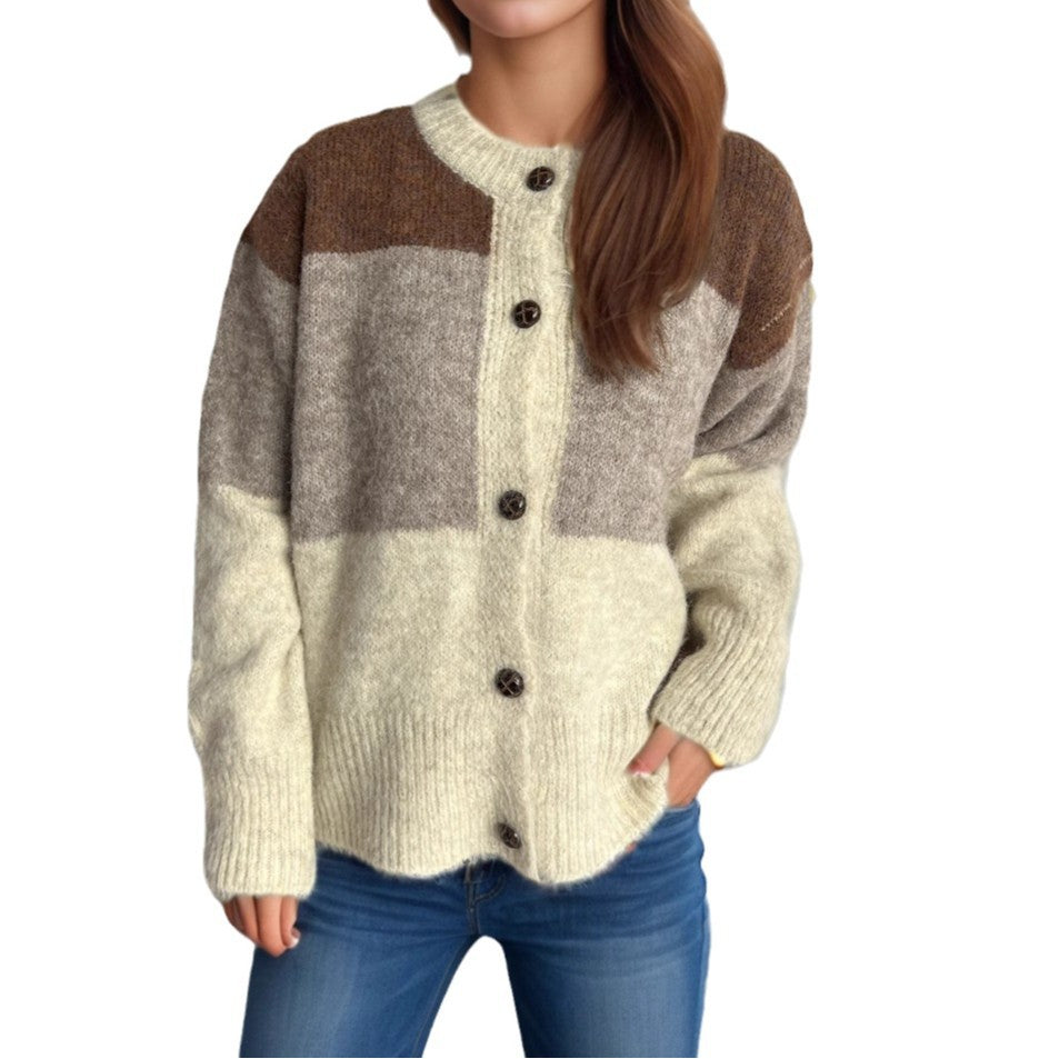 Damen kuschelige Strickjacke mit modischem Farbblockdesign und dekorativen Knöpfen Drune
