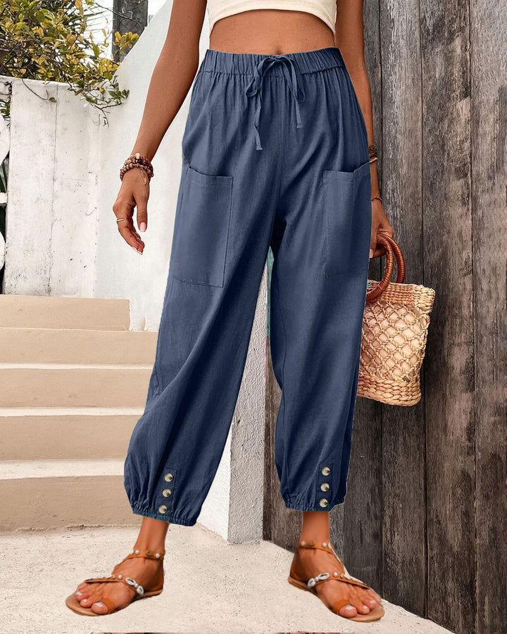 Damen Leinenlook Loungehosen mit hohem elastischem Taillenbund, Kordelzug, aufgesetzten Taschen und geknöpftem Saum Drune
