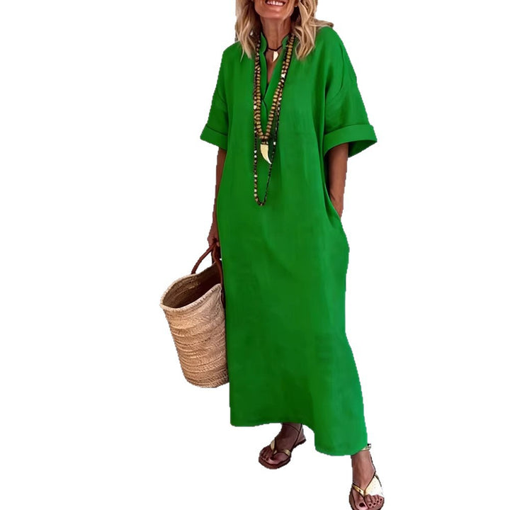 Damen Leinen Maxikleid mit V-Ausschnitt und praktischen Taschen Drune