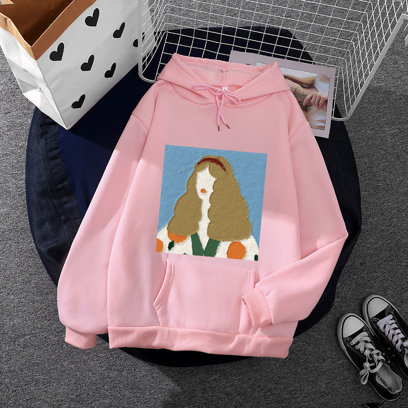 Damen nan Kapuzenpullover mit kunstvoller Chenille-Stickerei im Portraitstil und Kängurutasche Drune