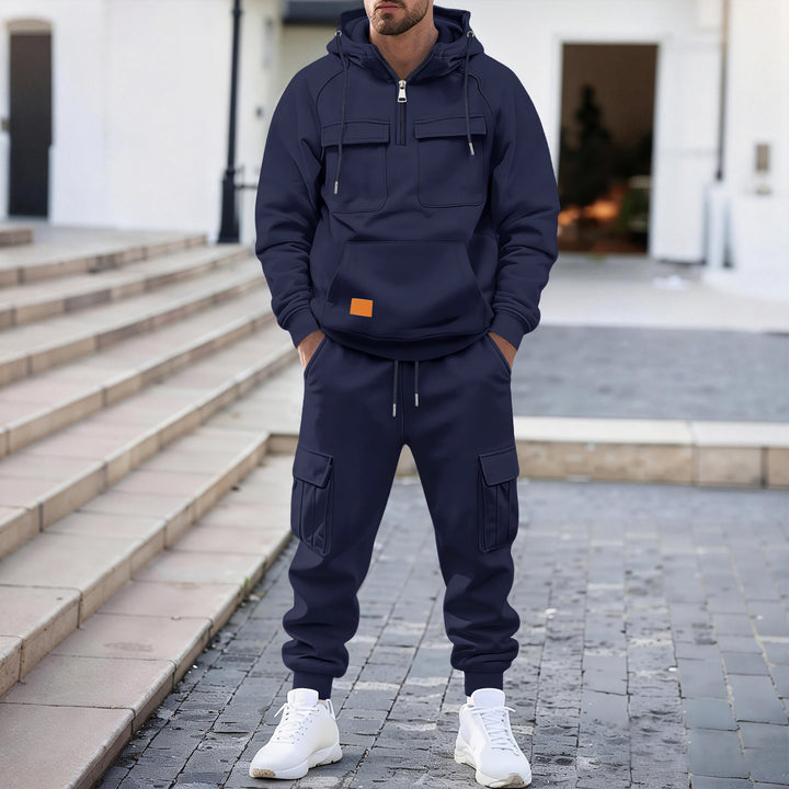 Herren technischer Oversize-Hoodie mit Halbzip, Kapuze, Kängurutasche und aufgesetzten Utility-Taschen Drune