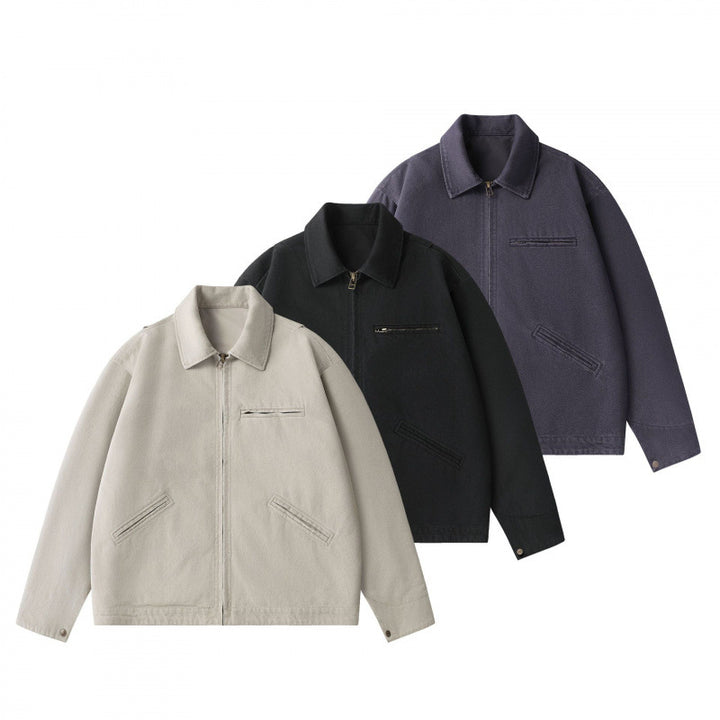 Unisex Kastenförmige Kurzjacke im Worker-Blouson-Stil mit Hemdkragen und verdecktem Reißverschluss Drune