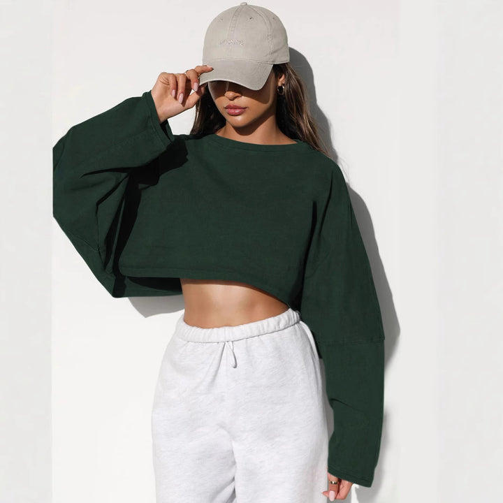 Damen lässiges Cropped Sweatshirt mit weitem Schnitt und Ballonärmeln Drune