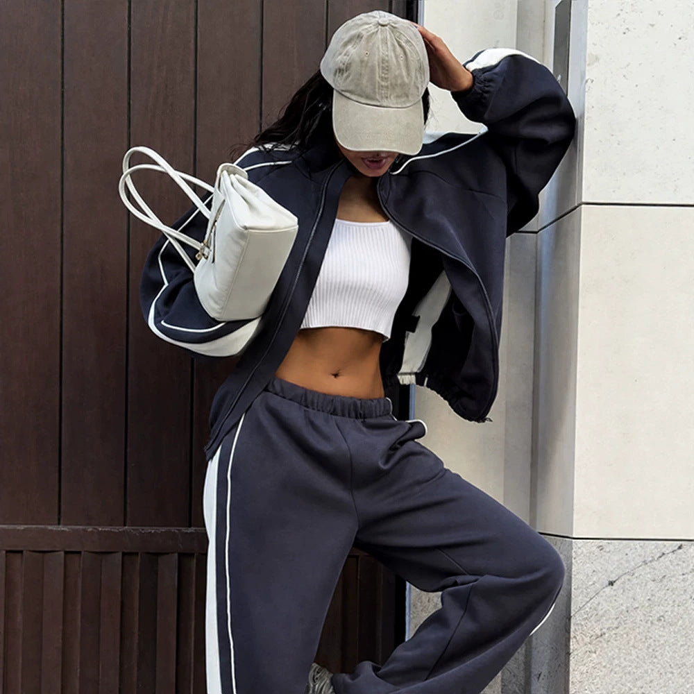 Damen Oversize-Trackset mit Reißverschlussjacke, weitem Jogger und Kontrastseitenstreifen Drune