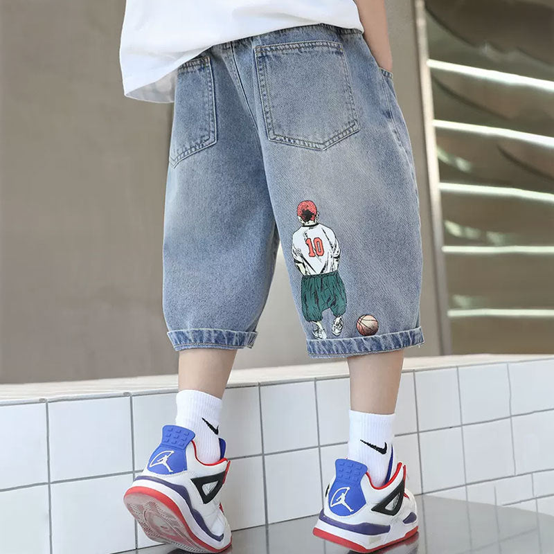 Jungen lässige Denim-Shorts mit coolem Basketball-Motiv Drune