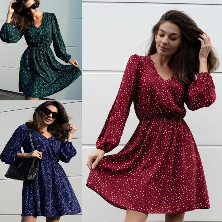 Damen Freizeitkleid mit V-Ausschnitt und Puffärmeln Drune