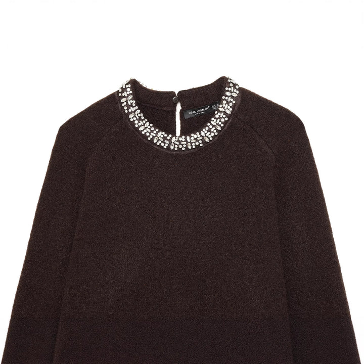 Damen nan cropped Strickpullover mit Schmuckkragen und Raglanärmeln Drune