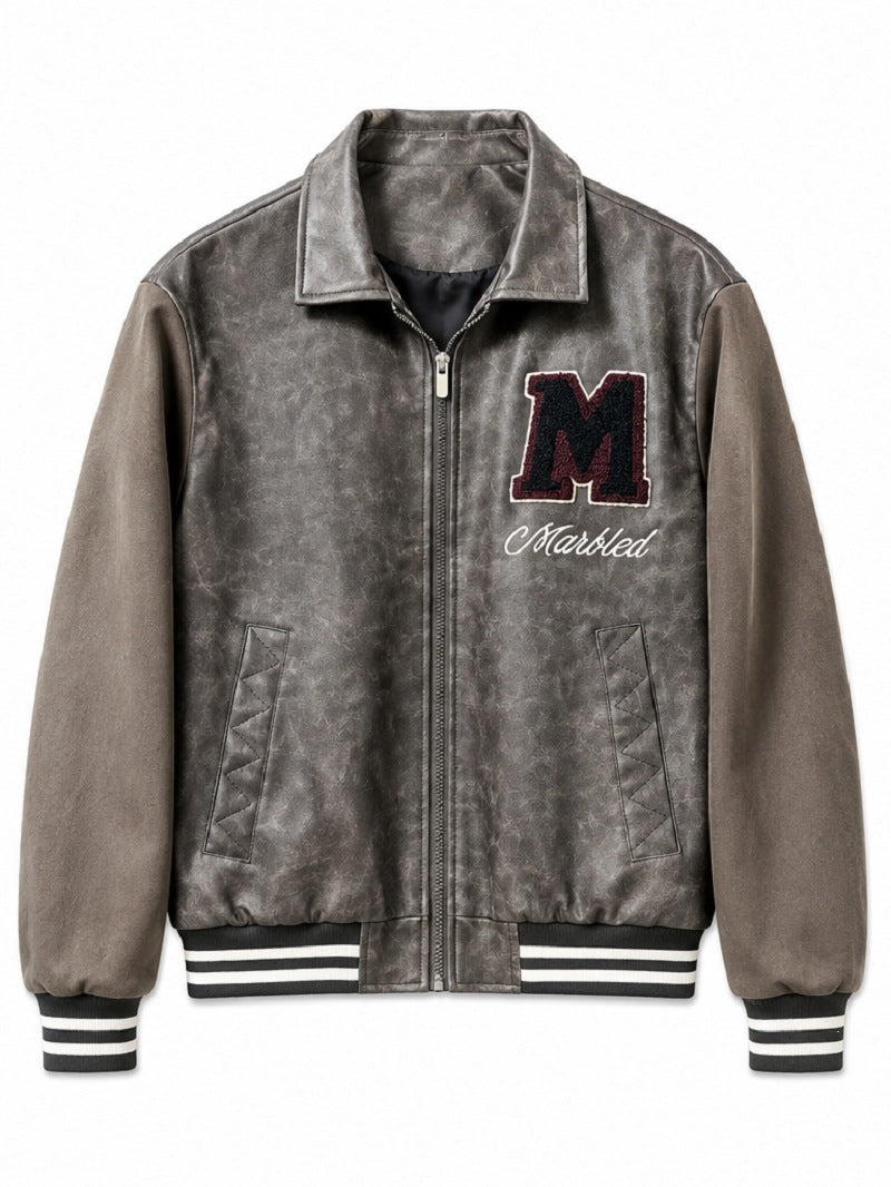 Herren Varsity-Bomberjacke im Vintage-Lederlook mit Chenille-Emblem Drune