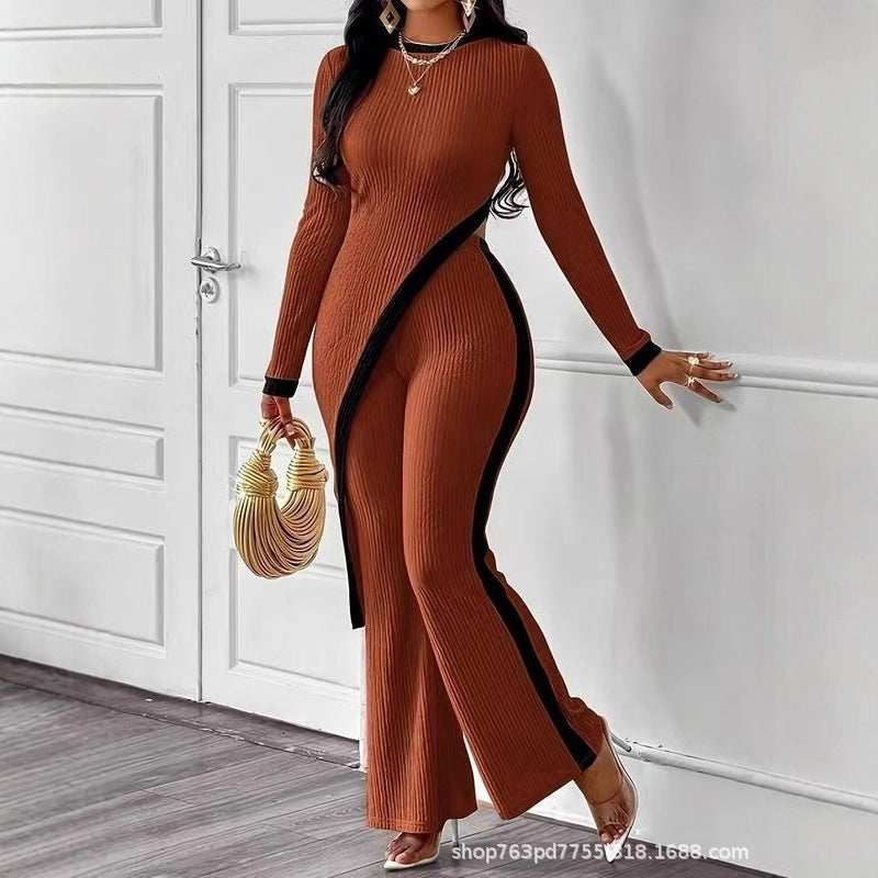 Damen nan eleganter Rippen-Jumpsuit mit asymmetrischer Wickeloptik, taillierendem Cut-Out und kontrastierenden Seitenstreifen Drune