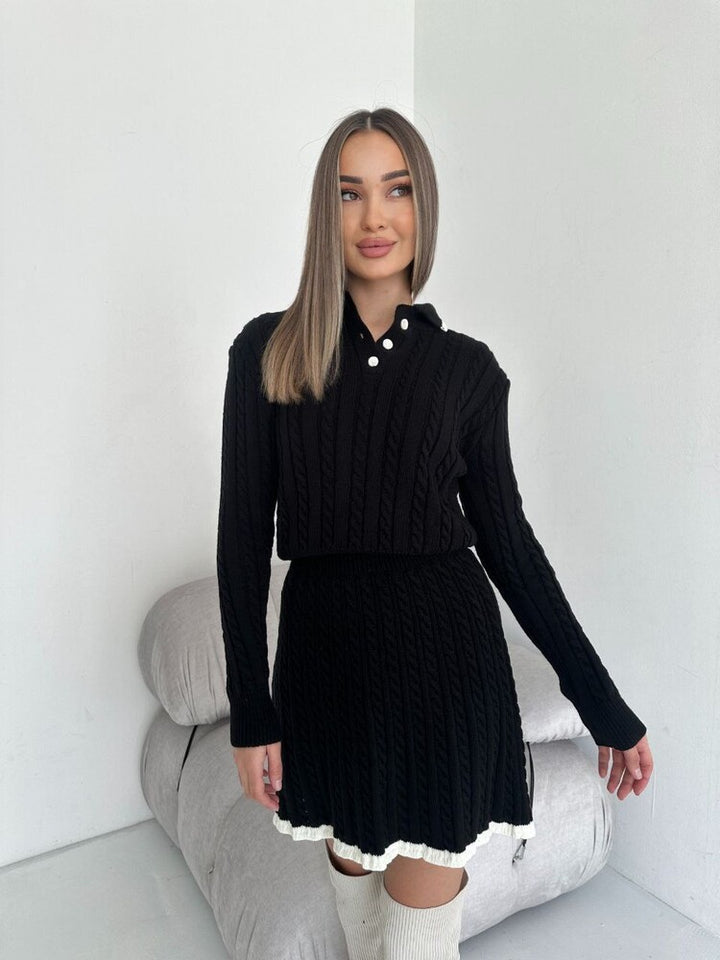 Damen gestricktes Zopfmuster-Polokragen-Set mit Button-Placket und A-Linien-Rock Drune