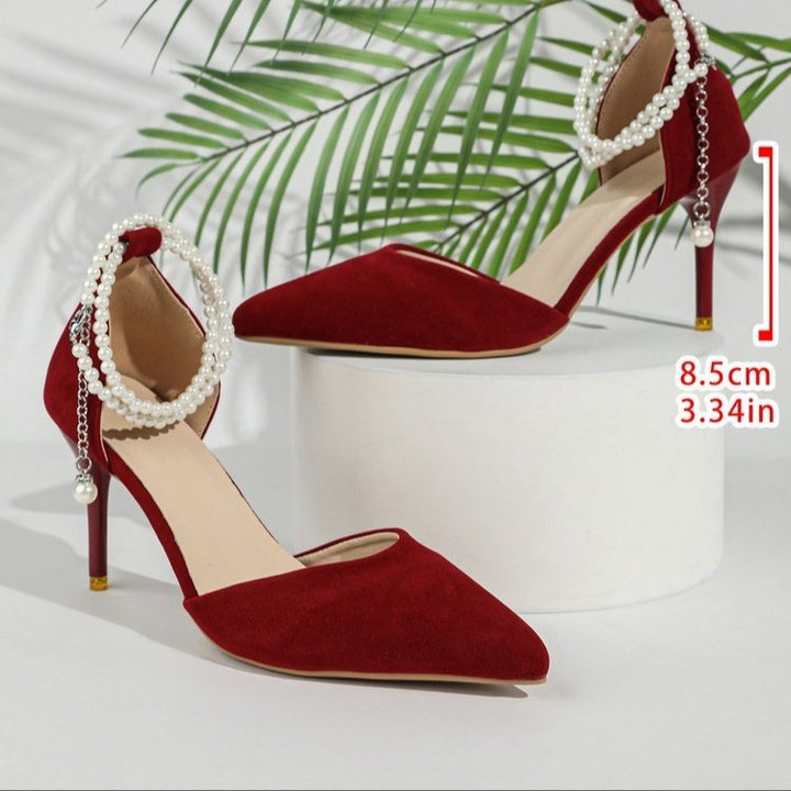 Damen Elegante spitz zulaufende Pumps mit Perlen-Knöchelriemen und schmalem Stiletto Drune