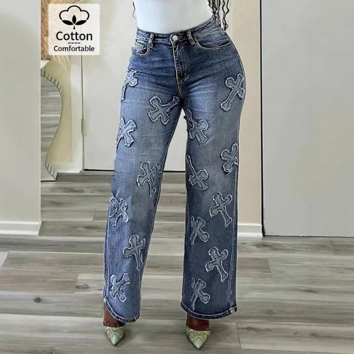 Damen Hochtaillierte gerade geschnittene Jeanshose mit Kreuzapplikationen aus Baumwoll-Jeansstoff Drune