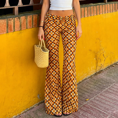 Damen nan ausgestellte Schlaghose mit hoher Taille, seitlichen Kordelzügen und retro Blumenprint Drune