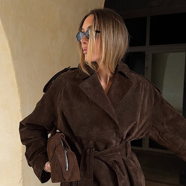 Damen modische Wildlederjacke mit Taillengürtel und voluminösen Ärmeln Drune