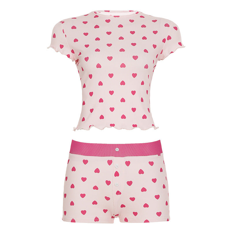 Damen Freizeitpyjama Set mit herzförmigem Design und elastischem Bund Drune