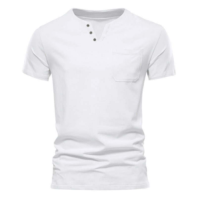 Herren nan tailliertes Kurzarm-Henleyshirt mit Brusttasche und asymmetrischer Knopfleiste Drune