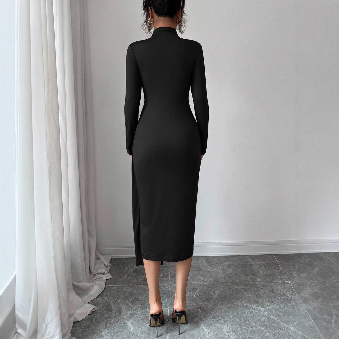 Damen nan figurbetontes Midikleid mit Stehkragen, Taillenraffung und asymmetrischem Saum Drune