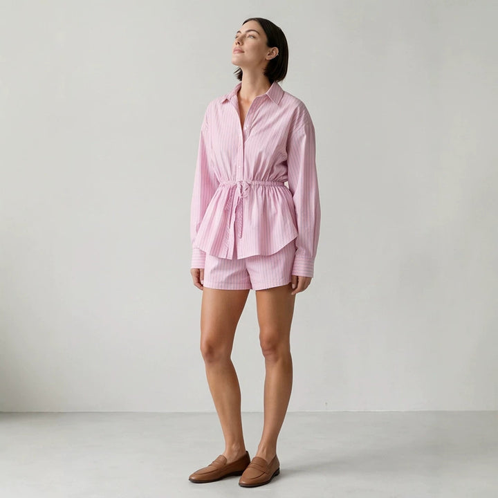 Damen Gestreiftes Loungewear-Set aus Leichtbaumwolle mit Kordel-Taille & Shorts Drune