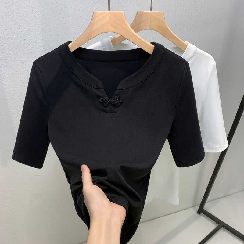 Damen modisches Kurzarmoberteil mit stilvollem Kragen und Knopfdetails Drune