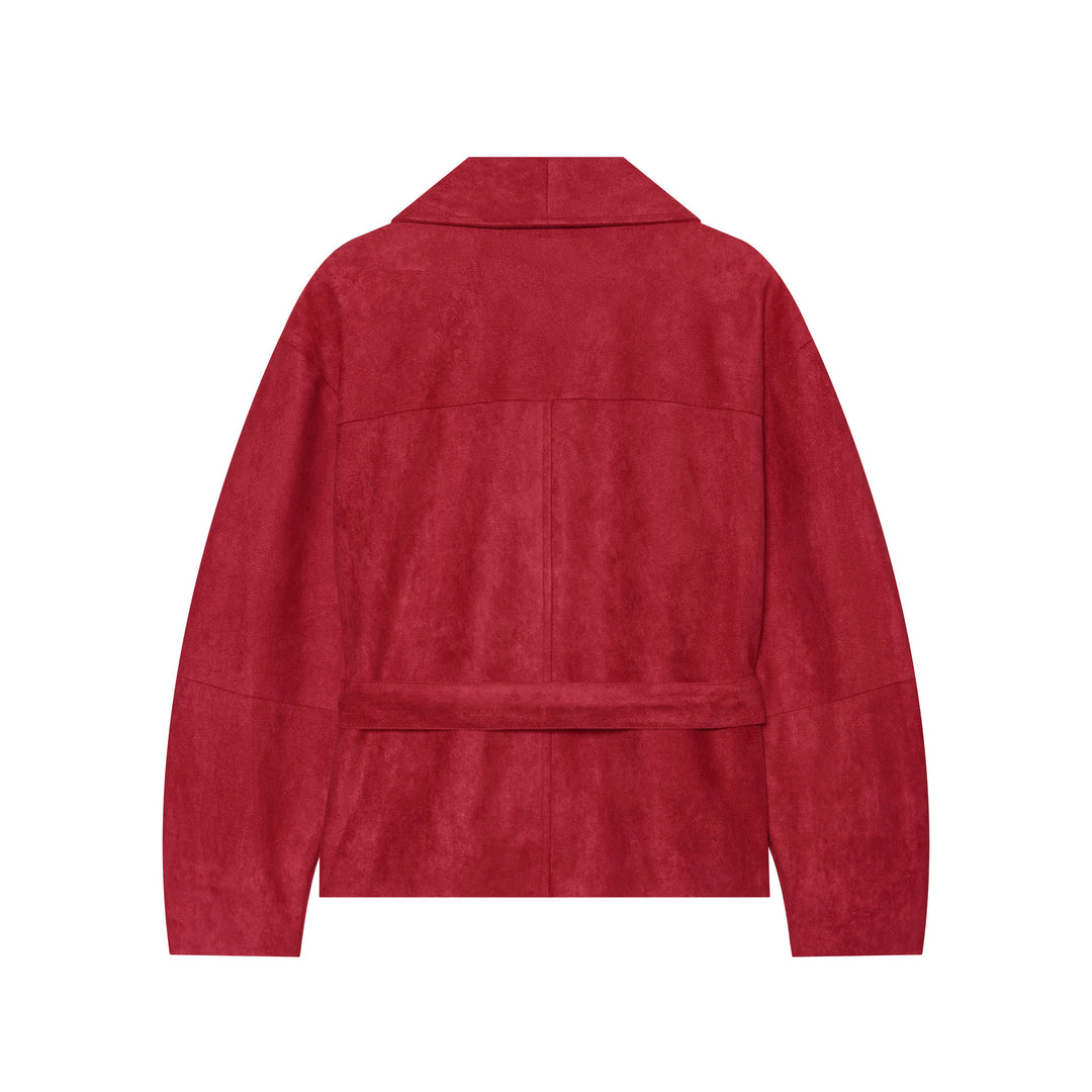 Damen Kurze Bindegürtel-Jacke aus weichem Veloursimitat mit Schalkragen Drune