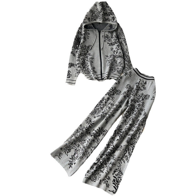 Damen modisches Freizeit-Lounge-Set mit Kapuze und floralem Muster Drune