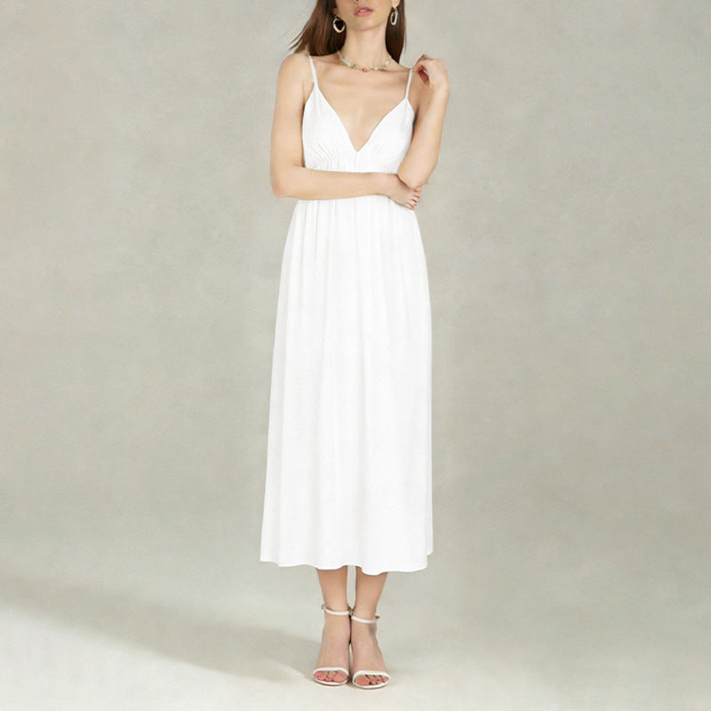 Damen Maxikleid mit tiefem V-Ausschnitt und fließendem Rock Drune