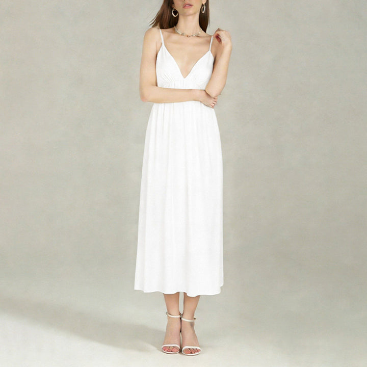 Damen Maxikleid mit tiefem V-Ausschnitt und fließendem Rock Drune