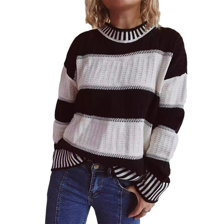 Damen modischer Strickpullover mit einzigartigem Streifenmuster und hohen Bündchen Drune