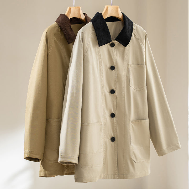 Damen Oversized Baumwoll-Utility-Jacke mit Kontrastkragen und aufgesetzten Taschen Drune