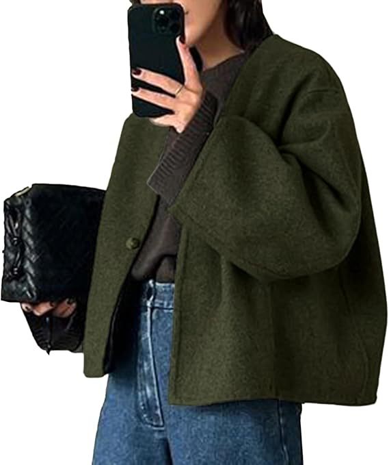 Damen Kurz geschnittene Oversize Wolljacke mit kastigem Schnitt und Ein-Knopf-Verschluss Drune