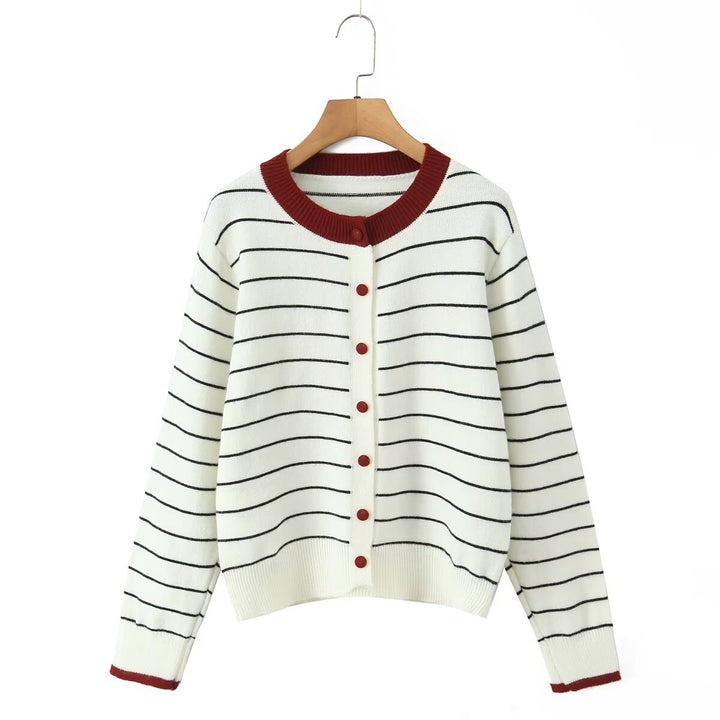 Damen gestreifte Strickjacke mit modernem Rundhalsausschnitt und Knopfdetails Drune