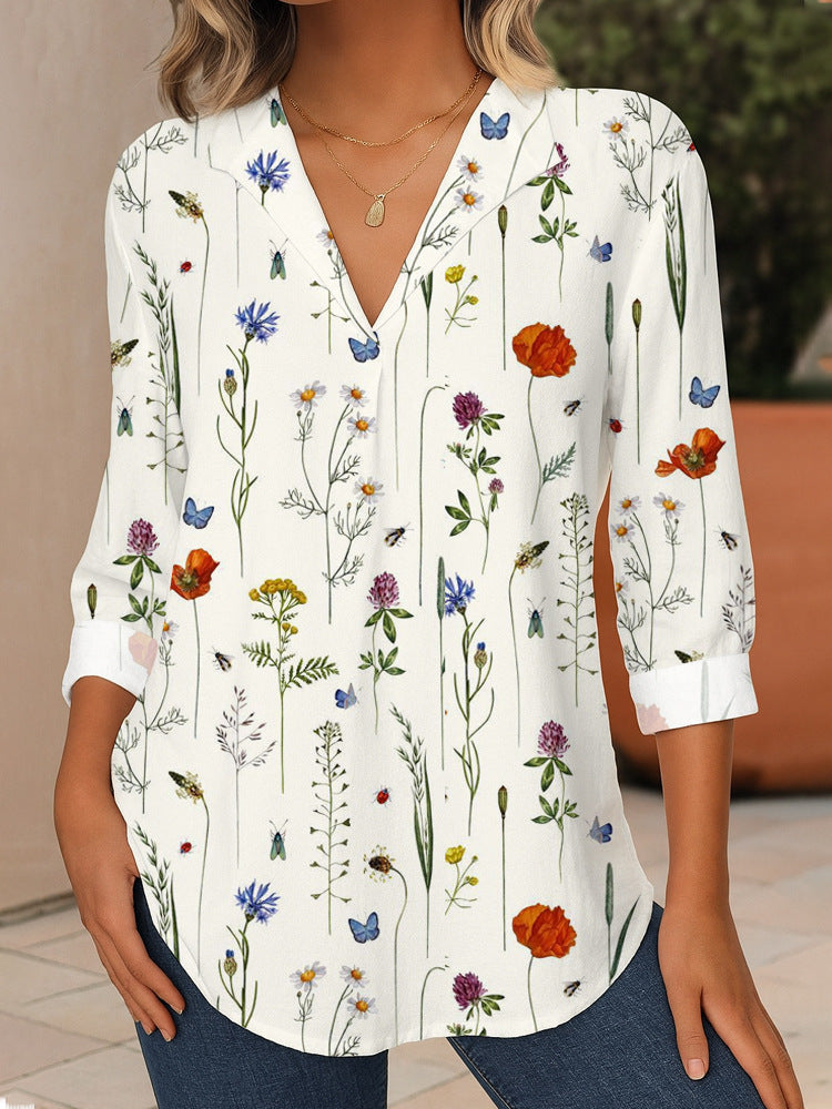 Damen Florale V-Ausschnitt Tunika-Bluse mit dreiviertel-Ärmeln und abgerundetem Saum Drune