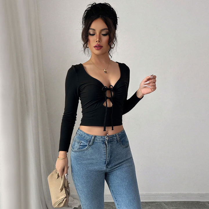 Damen Crop-Oberteil mit Zierknoten und langem Arm Drune