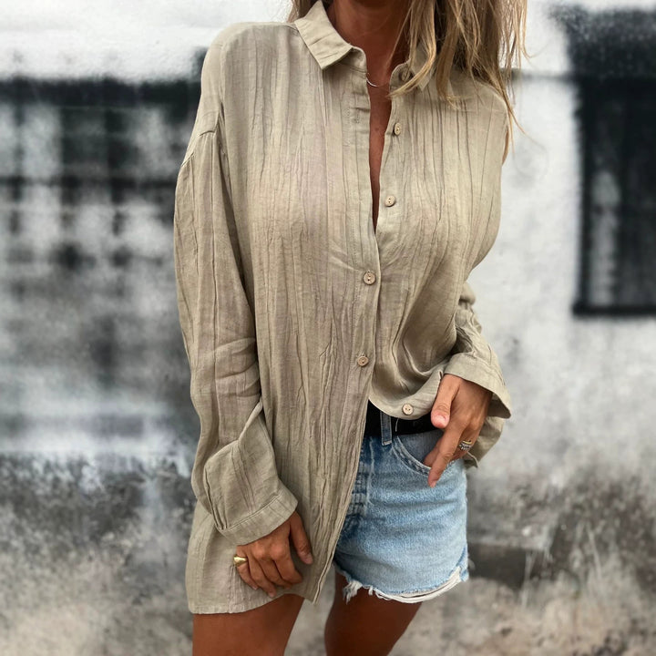 Damen nan lässige Oversize-Tunikahemd mit Leinenstruktur, Holzknopfleiste und verlängertem Saum Drune