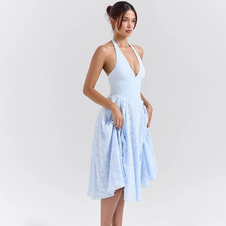 Damen Elegantes Midikleid mit tiefem V-Ausschnitt und schwingendem Rock Drune