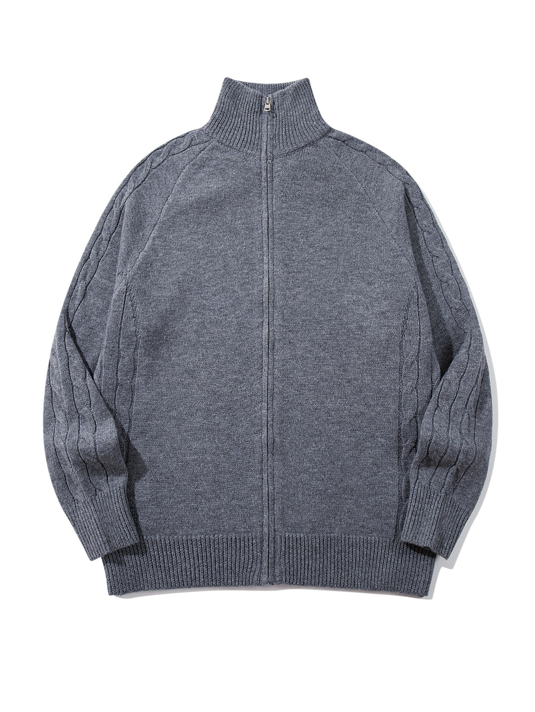 Herren Grobstrick‑Zipjacke mit Funnelkragen, Raglanärmeln und Zopfmuster Drune