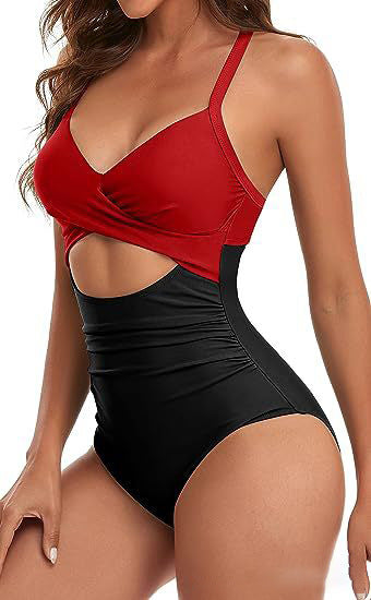 Drune | Damen Einteiler Badeanzüge Push Up Bauchkontrolle Badeanzüge V-Ausschnitt Cutout Anständige Bademode