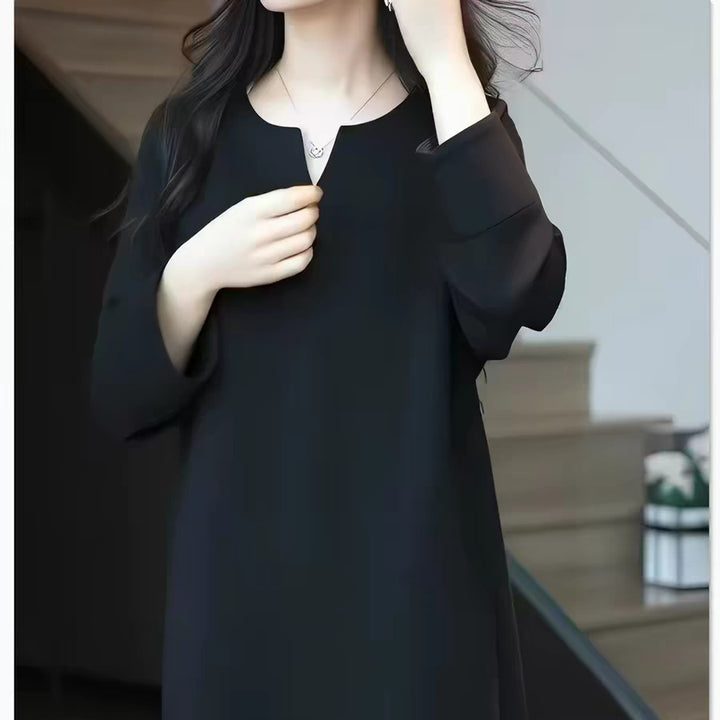 Damen Schlichtes Midikleid mit V-Schlitz, dreiviertel-Ärmeln und geradem Fall Drune