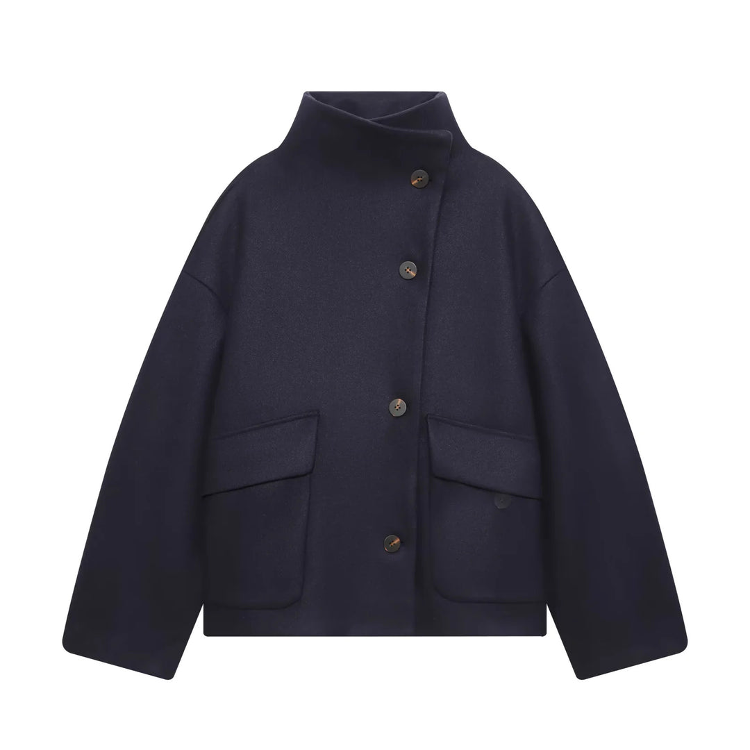 Damen nan kastige Oversize Wollmixjacke mit hohem Stehkragen und großen aufgesetzten Pattentaschen Drune