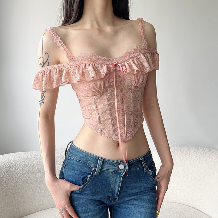 Damen Spitzenoberteil mit Rüschendetails und verstellbaren Trägern Drune