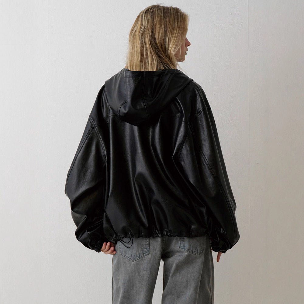 Damen Lässige Kunstlederjacke mit Kapuze Drune