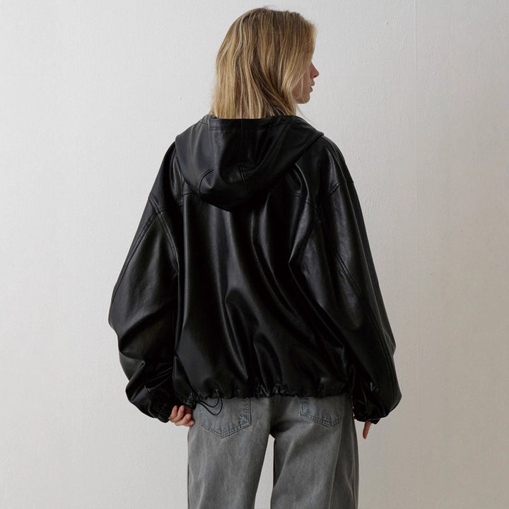 Damen Lässige Kunstlederjacke mit Kapuze Drune