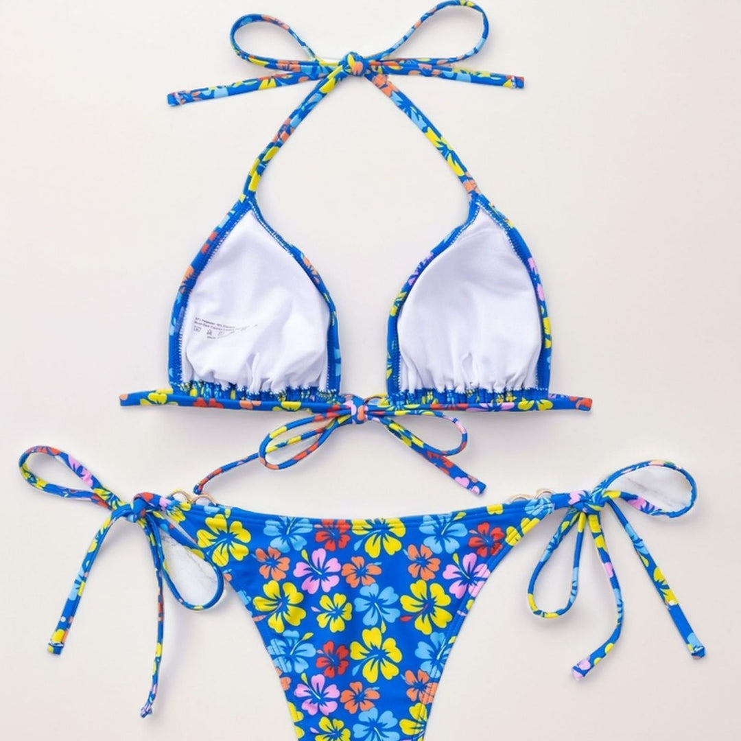 Damen Triangel-Bikini mit raffinierten Bindebändern und farbenfrohem Blumenmuster Drune
