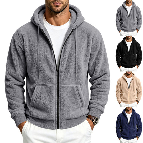 Herren Fleece-Kapuzenjacke mit Teddy-Innenfutter, durchgehendem Reißverschluss und Kängurutaschen Drune