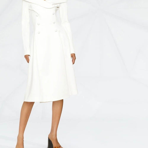 Damen Maxikleid im Mantel‑Look mit Carmenkragen und Doppelreihe Drune