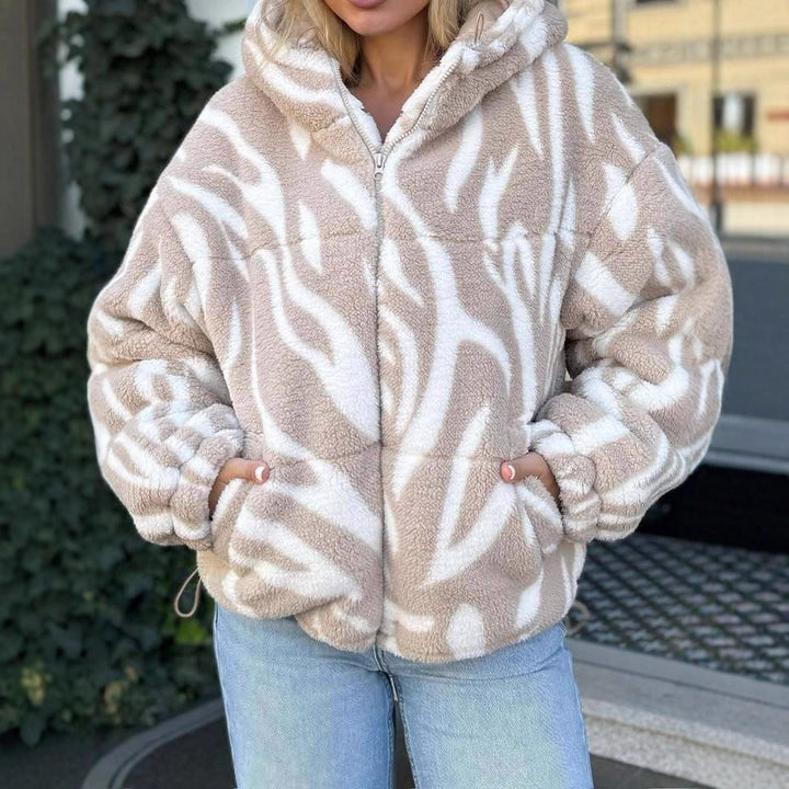 Damen Teddy-Fleece-Kapuzenjacke mit Reißverschluss, Steppnähten und weichem Zickzack-Muster Drune