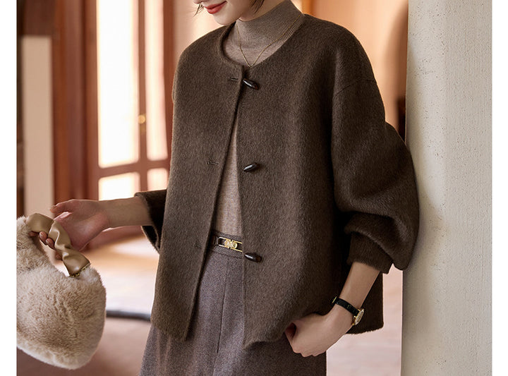 Damen Kurze Wollmix-Jacke mit Rundhalsausschnitt, Ballonärmeln und Knebelknöpfen Drune