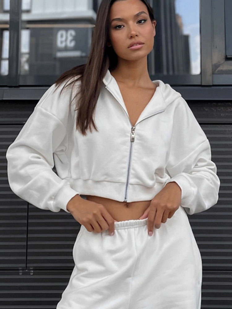 Damen Cropped-Zipper-Kapuzenjacke mit taillenhohen Fransen-Shorts Lounge-Set Drune