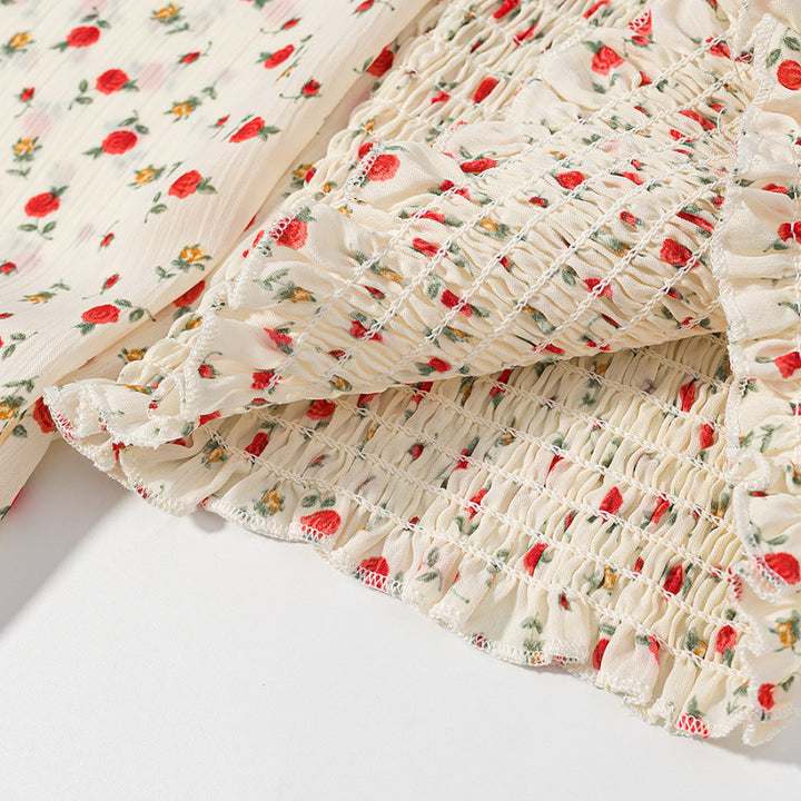 Damen Gesmoktes Cropped-Top mit Puffärmeln und Blumendessin Drune