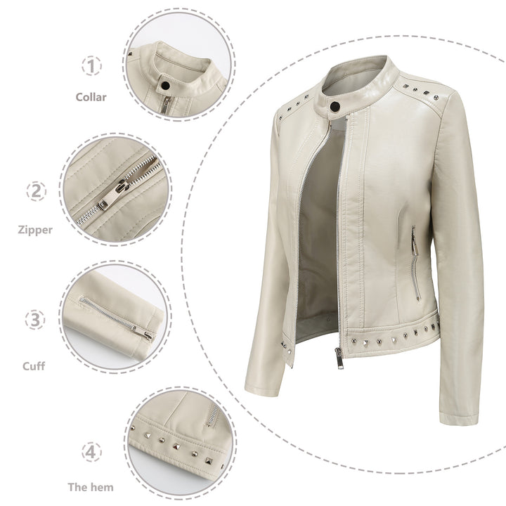 Damen nan kurze taillierte Kunstlederjacke mit Stehkragen Zwei-Wege-Reißverschluss und Ziernietensaum Drune